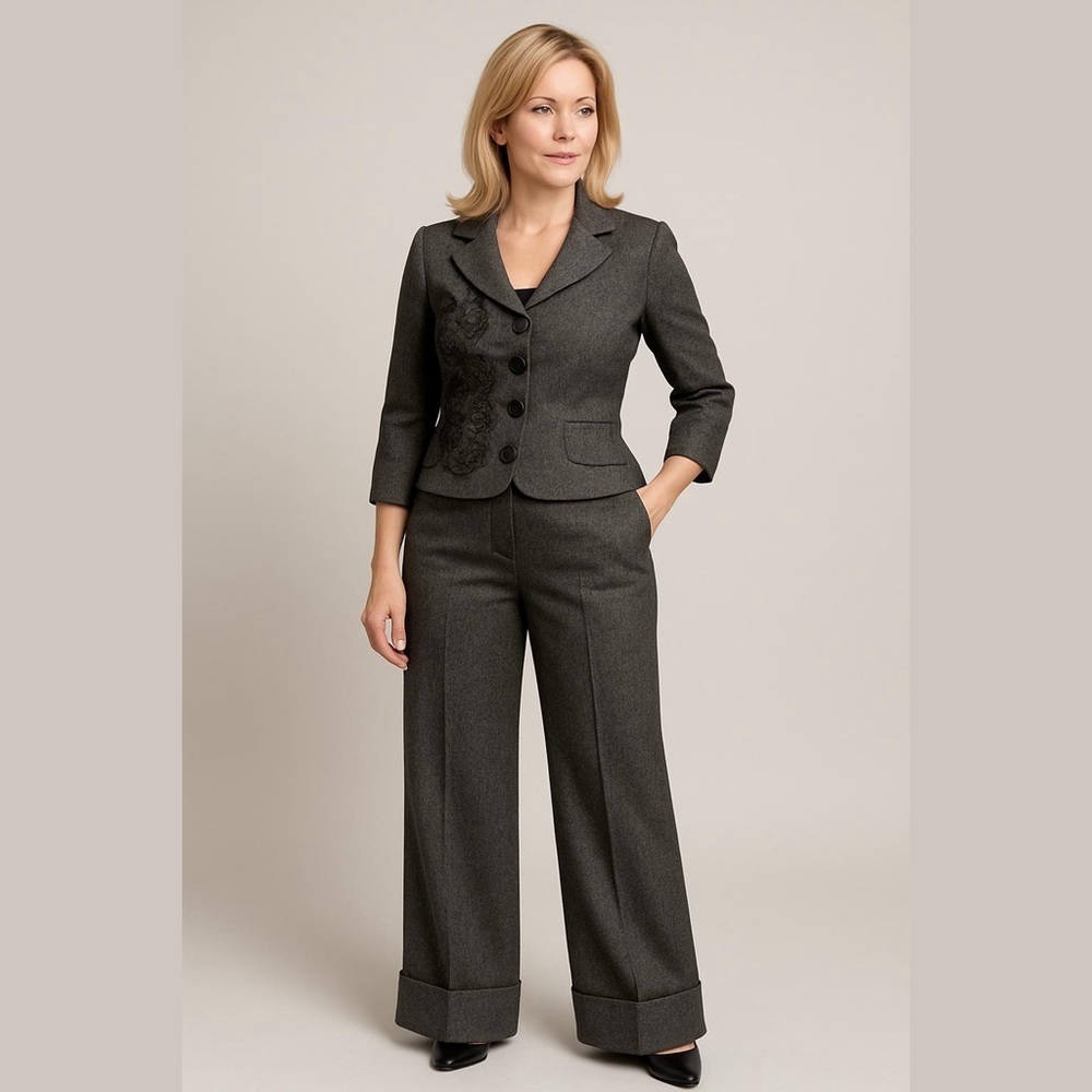 Bebe Gray Herringbone Pantsuit Size 4 Pants Size 8 Jacket Black Lace on Jacket